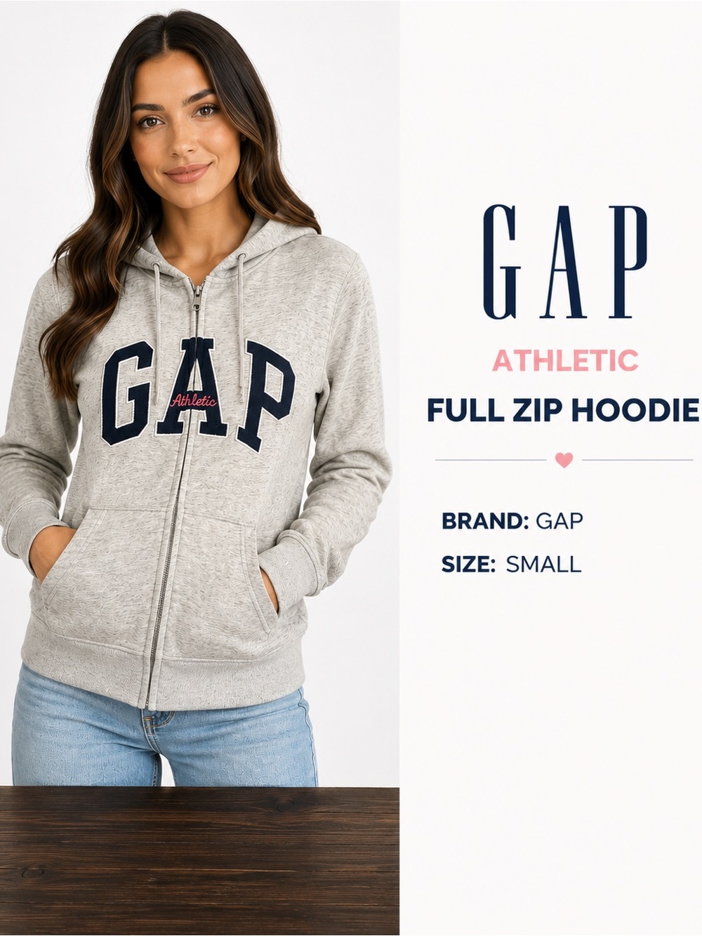GAP Athletic Gray Full Zip Hoodie Small Fleece Lined Logo Sweatshirt